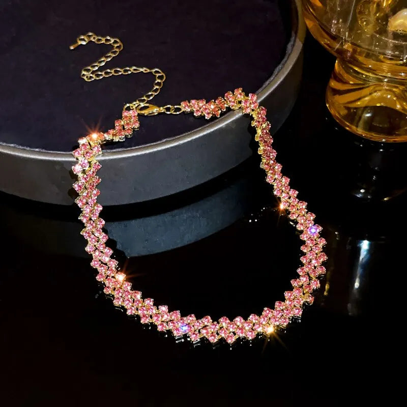 Luxo Brilhante Completo Rhinestone Gargantilha Colar para Mulheres, Colares De Cristal Geométricos Personalizados, Jóias De Casamento, Presentes Do Partido - CRAVO ROSE