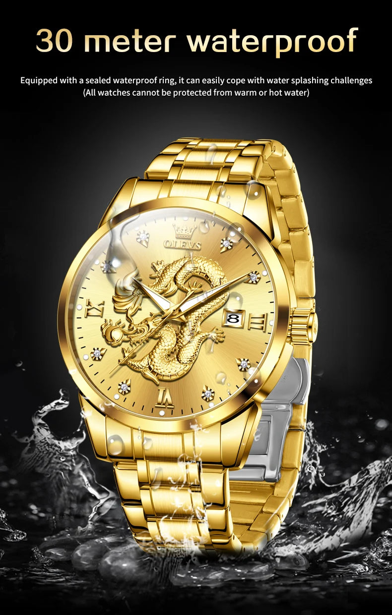 OLEVS Men's Watches Top Brand Fashion Original Quartz Watch for Man China Loong Dragon Dial Waterproof Luminous Date Olevs 3619