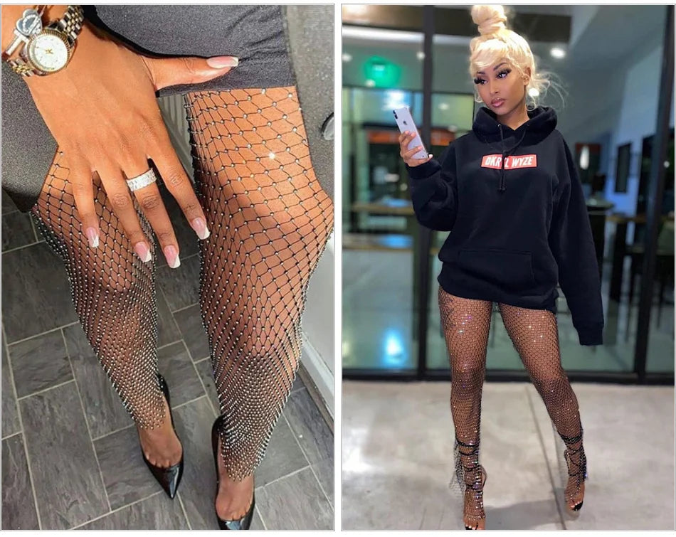 Sparkle Diamante Fishnet Wide Leg Trousers Crystal Mesh Flare Pants High Waisted Rhinestone Split Hem Leggings