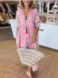 Boho Printed Chic V-neck Tassel Long Dress Women‘s Spring Pocket Party Dress Fall Half Lantern Sleeve Ruffles Maxi Dress Summer