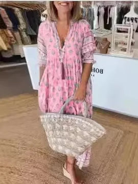 Boho Printed Chic V-neck Tassel Long Dress Women‘s Spring Pocket Party Dress Fall Half Lantern Sleeve Ruffles Maxi Dress Summer