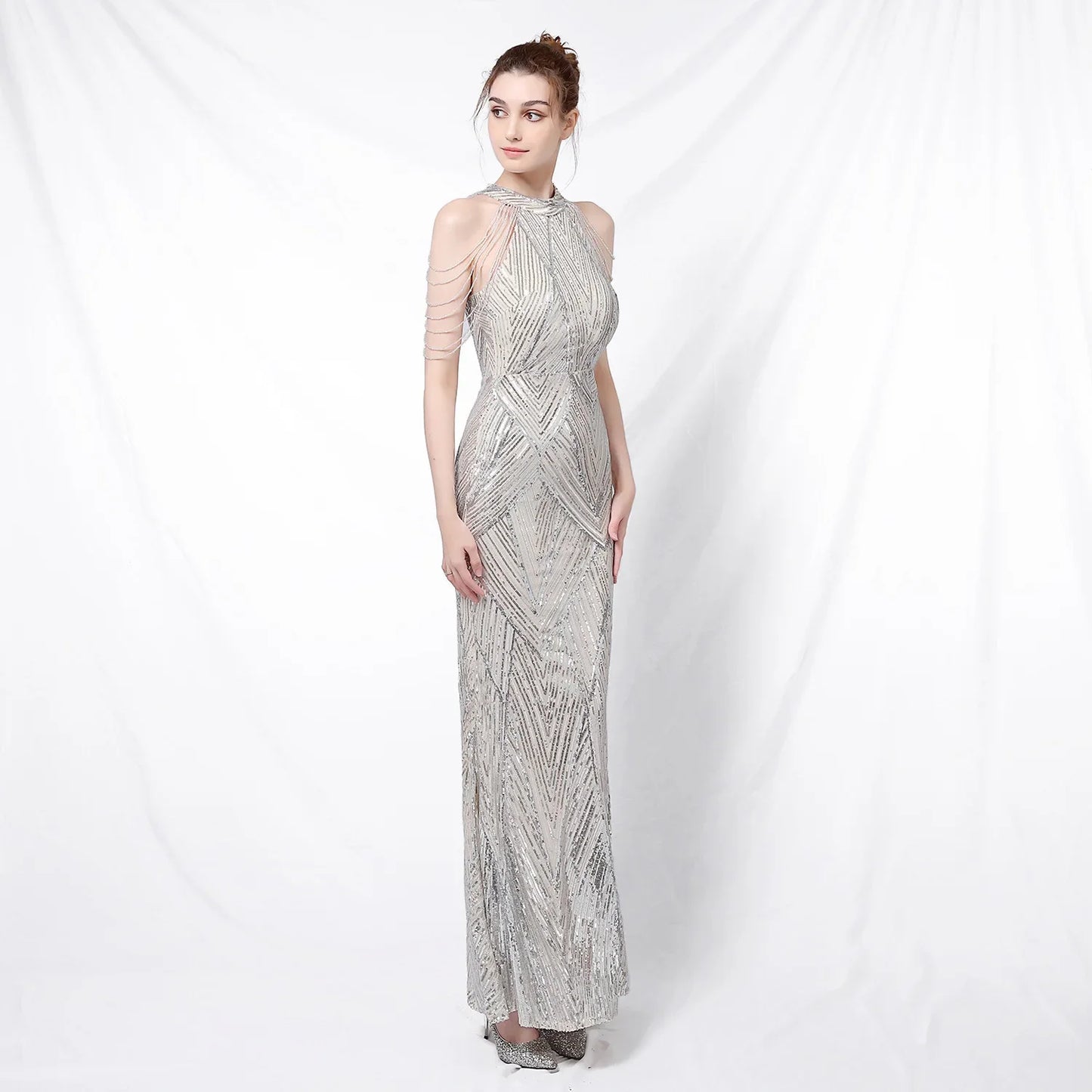 Xmas Sequin Maxi Dress Halter Neck Stripe Mermaid Long Lady Coctail Prom Dress Party Evening Dancing Performance Shimmering Wear