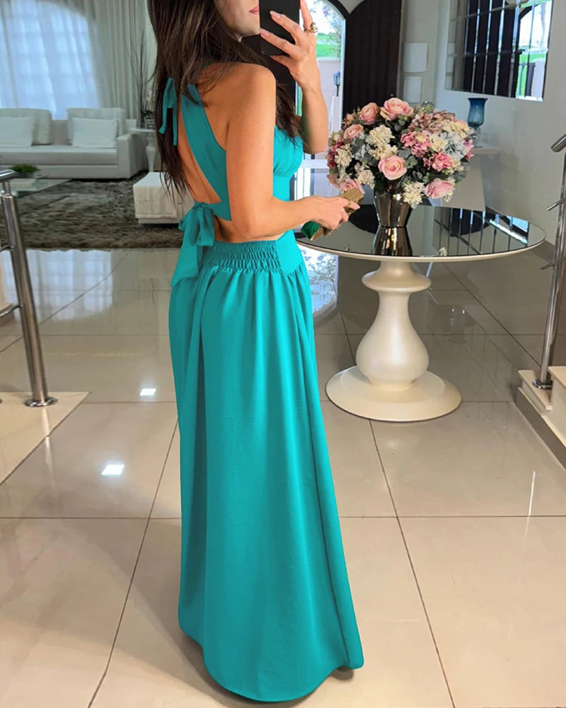 2025 Spring Halter Sleeveless Tied Detail Shirred Criss Cross Flared Dress Glamorous Evening Dress