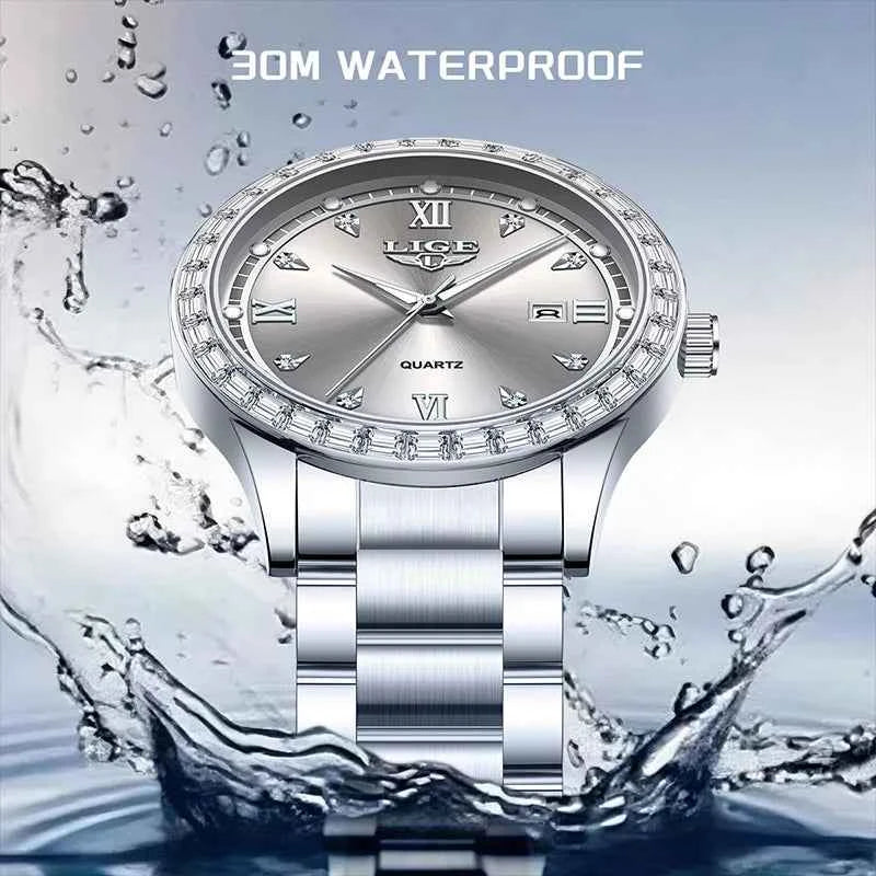 LIGE elegant women's watch Fashion waterproof clock luminous stainless steel business quartz watch for Women reloj de mujer+BOX