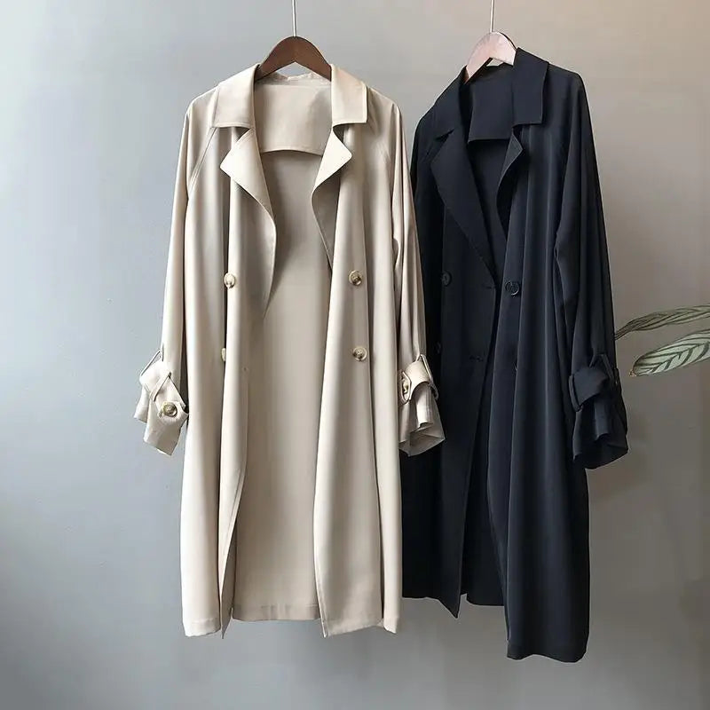 New Fashion Women's Long Trench Coat Spring Autumn Temperament Thin Windbreaker Coat Female Casual Parker Overcoat Apricot Black