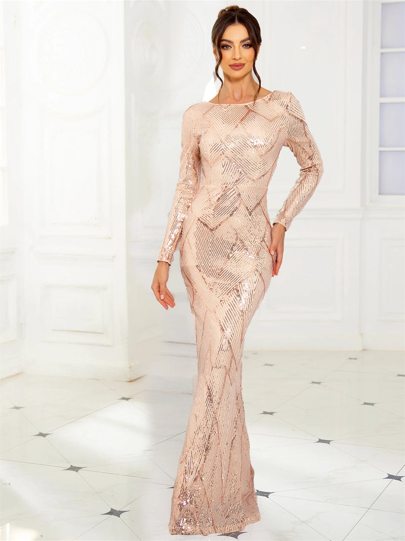 Romagic O Neck Sequin Formal Evening Party Dress Long Sleeves Floor Length Prom Gown Modest Women Celebrity Dresses 2025
