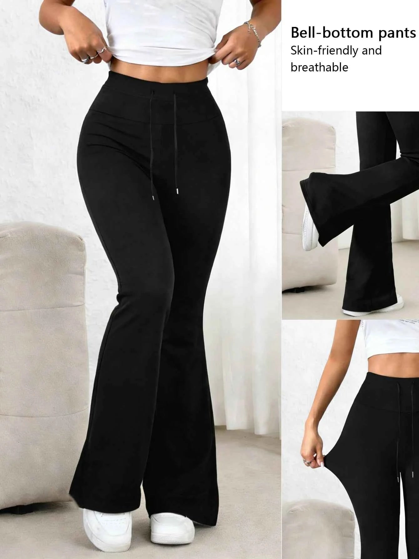 Women's Black High Waisted Bell-bottom Pants 2026 Spring Drawstring Waist Stretchy Skin-friendly Breathable Casual Daily Trendy