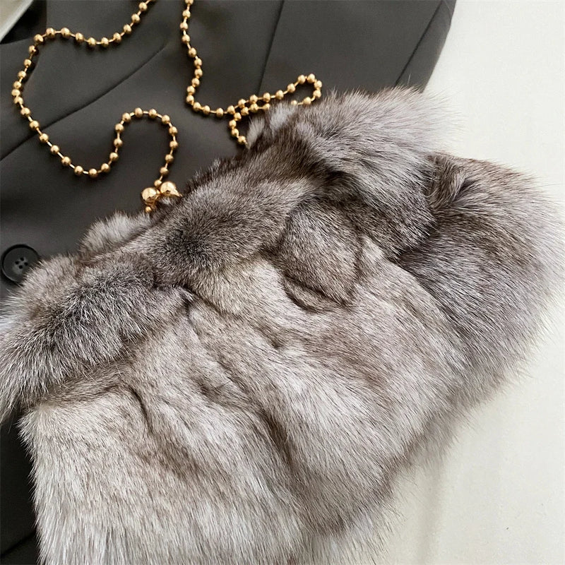 Soft Plush Evening Bags for Elegant Women Fox Fur Dinner Party Clutch Chain Crossbody Winter Warm Luxury Designer Handbags