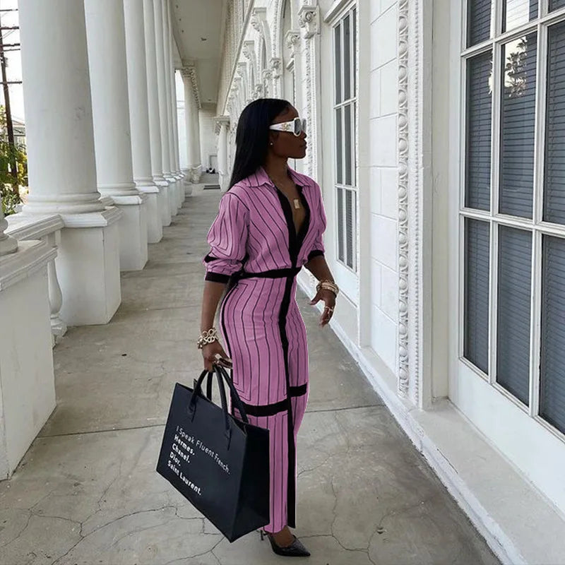 New Fashion Shirt Long Dress Women's Turn Down Button Elegant Office Lady Long Sleeve Dresses Women Casual Striped Maxi Dress