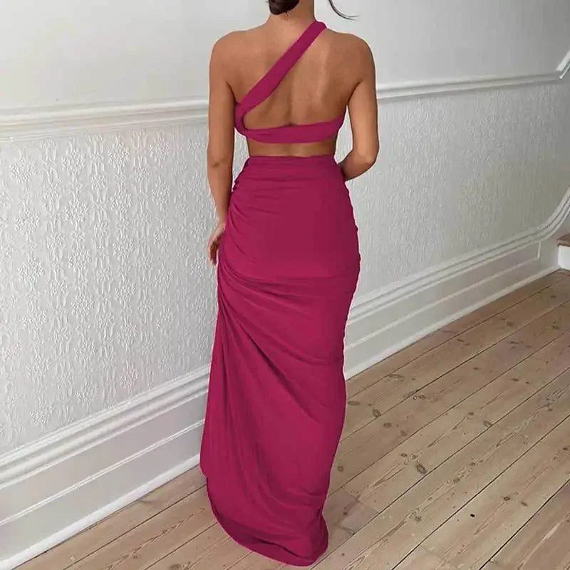 Conjunto Cor Sólida Sexy Sem Mangas Um Ombro Colete Dividido Saia Longa Terno