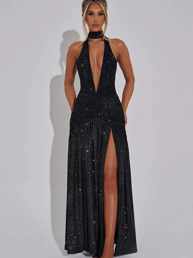 JULISSA MO Glitter Bright Silk Deep V-neck Women Maxi Dress Khaki High Slit Halter Dress Spring Slim Elegant Party Evening Dress