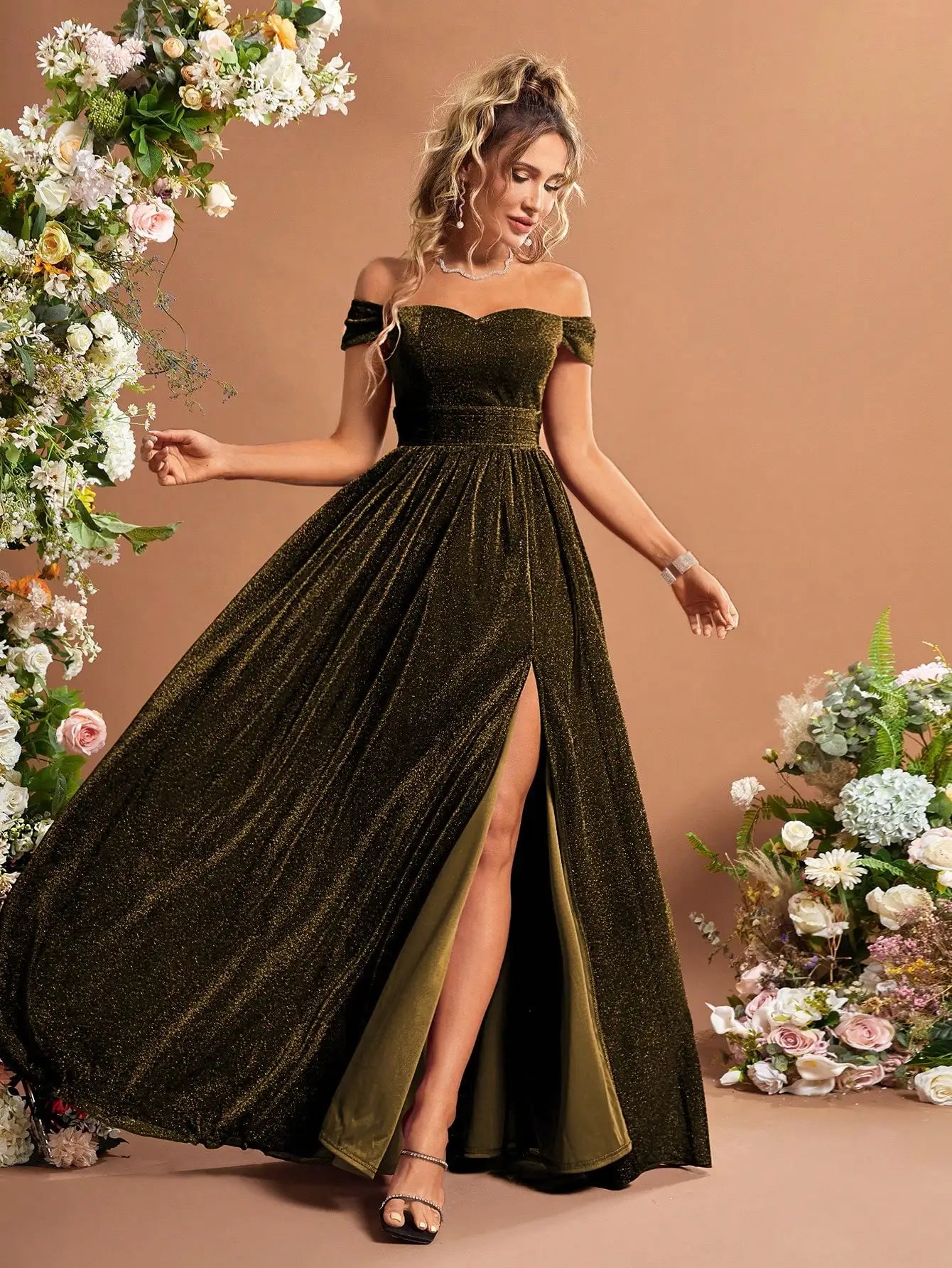 Off Shoulder Split Thigh Glitter Dress