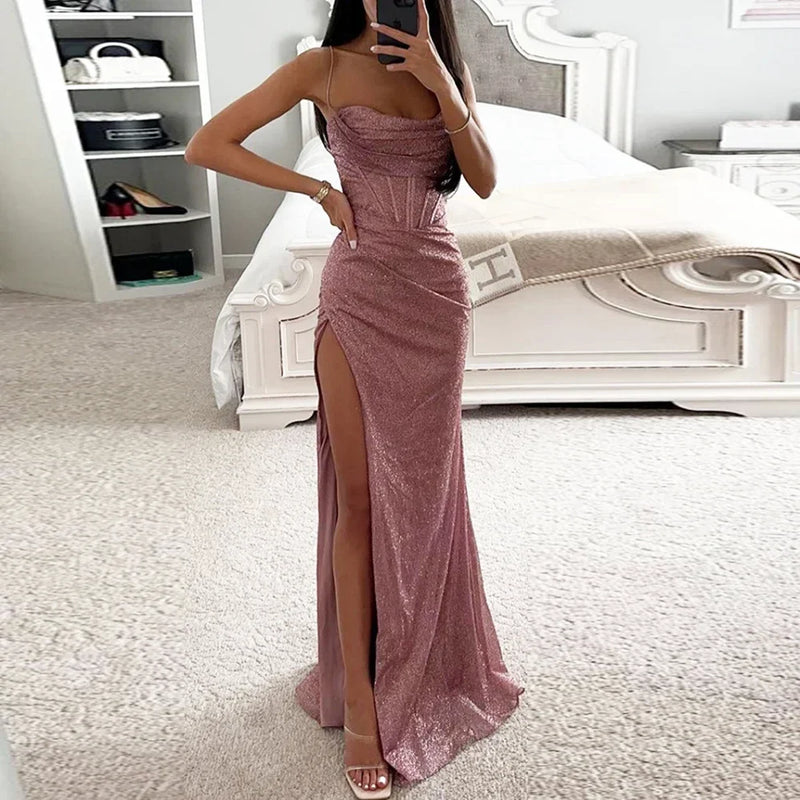 2024 Fashion Women Elegant Strap Sleeveless Sequined Slim Sexy Split Evening Party Long Dress Party Fashion Camisole Dress - CRAVO ROSE