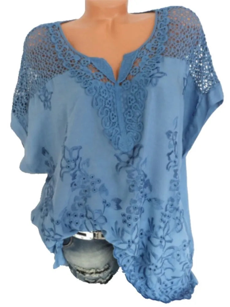Blusas e tops femininos de manga curta da moda verão, camisa solta de renda branca patchwork 6xl, tops femininos, roupas casuais