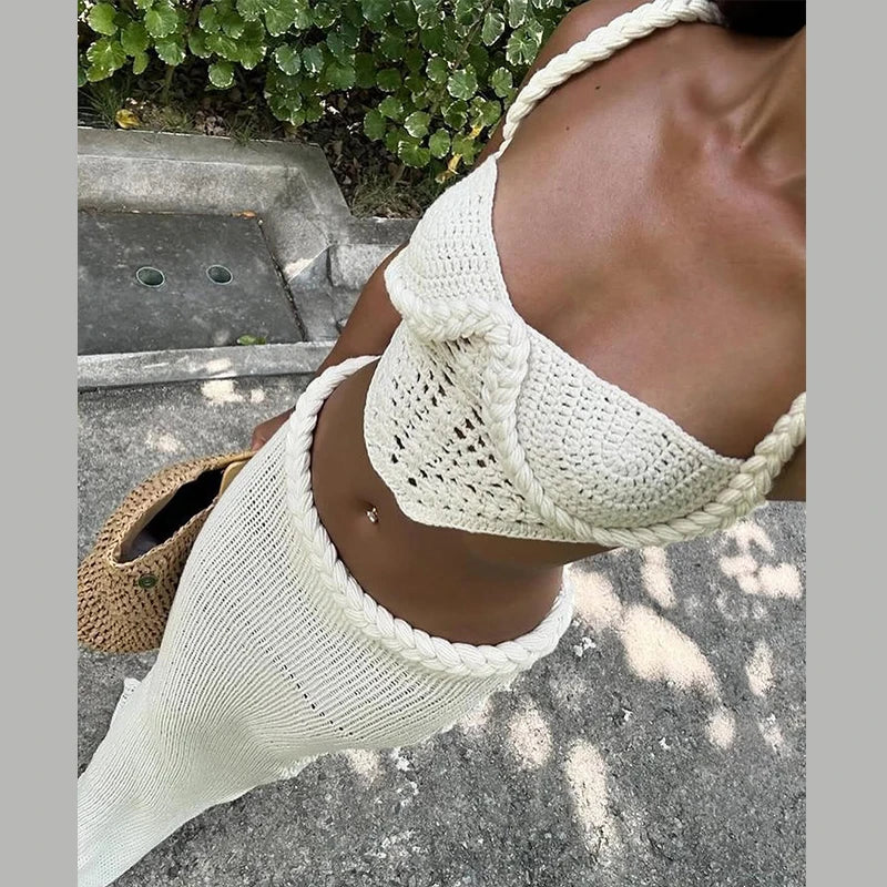 Sexy Knit Crop Tops Skirt Sets Women Sleeveless Backless Sling Tank Long Hip Package Skirts 2025 Holiday Beach 2 Piece Set Lady