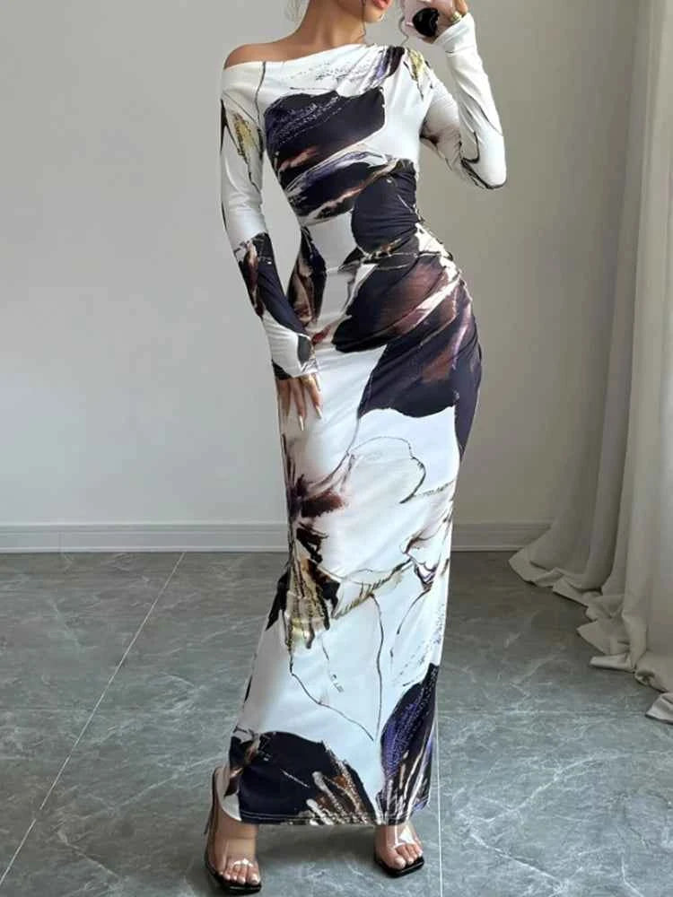 Fashionable Elegant Slim Fit Printed Long Dresses For Women Sexy Slanted Shoulder Long Sleeved Dress Spring Summer 2025 New