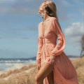 2023 New Women's Fashion French Retro V-neck, Waist Fold, Loose Split Style, Long sleeved Dress