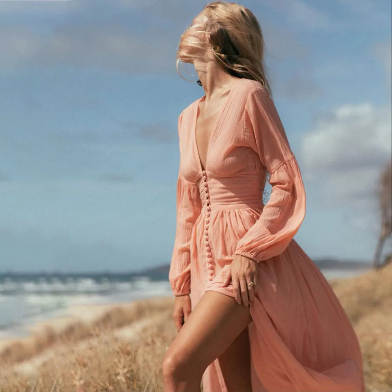 2023 New Women's Fashion French Retro V-neck, Waist Fold, Loose Split Style, Long sleeved Dress