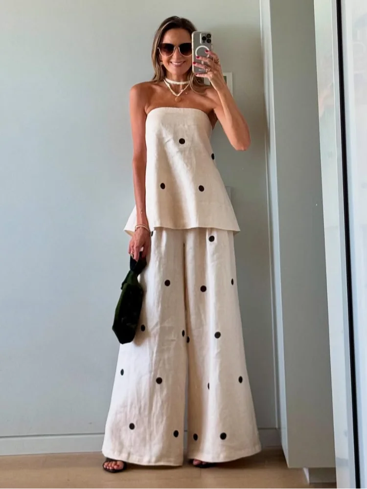 Women Fashion Polka Dot Wide Leg Pant 2 Piece Set Sexy Off Shoulder Sleeveless Vest Tops Suit 2025 New Vocation Streetwear