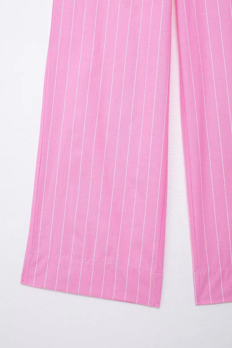 TRAFZA Women 2 Piece Set Elegant High Waist Loose Drawstring Pocket Wide Leg Pants Stripe Lapel Pocket Button Shirt Top Traf