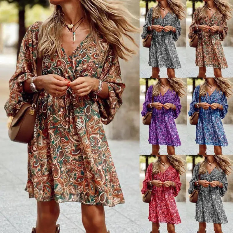 Vestido curto feminino estilo boêmio, com cordão na cintura, gola V, solto, elegante, casual, manga sete quartos