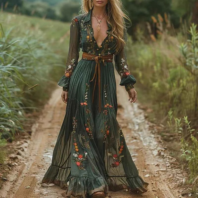 Vestido Feminino Boho Estampado com Decote V e Manga Longa – Cintura Alta Plissada