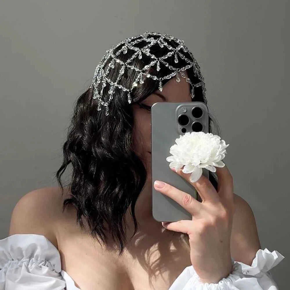 Fashion Acrylic Bridal Mesh Cap Headpiece for Women Accessories Handmade Elegant Crystal Tassel Hair Chain Hat Wedding Jewelry