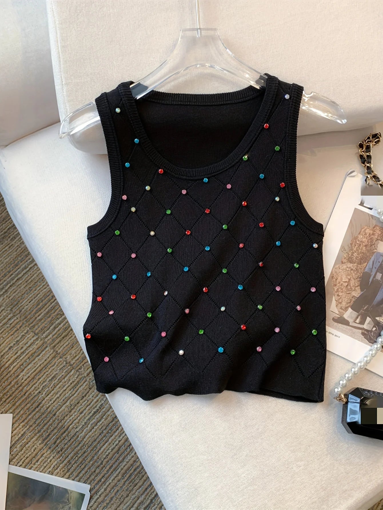 Colorful Rhinestone Knitted Tank Top Casual Crew Neck Sleeveless Tank Top For Summer  Women's Clothing Crop Top Camis