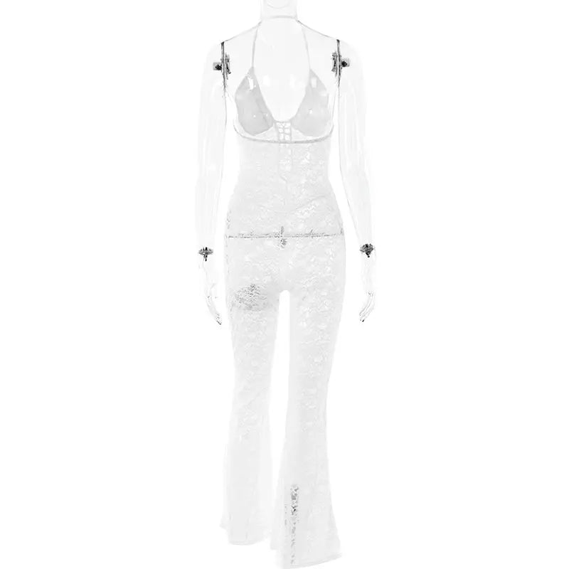 GACVGA Sexy Lace See Through Women Jumpsuit Backless Slim Streetwear Bandage Romper Lady Elegant Summer Party Nightclub Jumpsuit