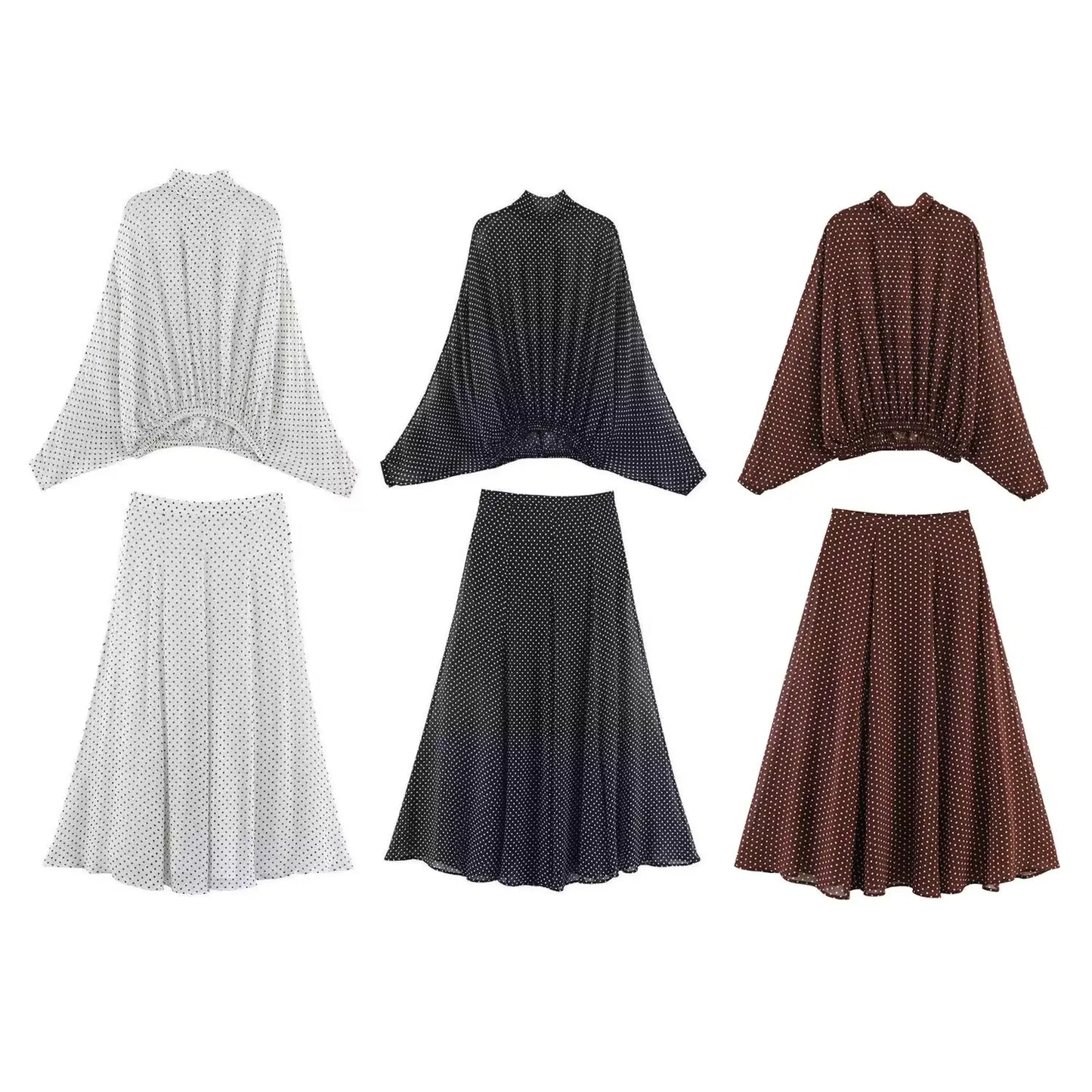 ETJ Women's Polka Dot Blouse Skirt Set 2026 Spring High Neck Batwing Sleeve Sheer Front Tie Bow Midi A-Line Dress Set