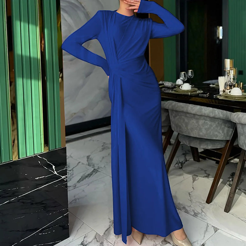 Elegant High Waist Folds Long Maxi Pink Dresses for Women 2025 Chic O-neck Long Sleeve Tunics Slim Solid Party Evening Dress