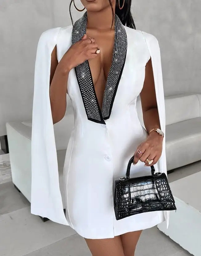 Blazers para casacos de manga comprida com decote em V, capa com blocos de cores e strass, elegante, casaco de trabalho