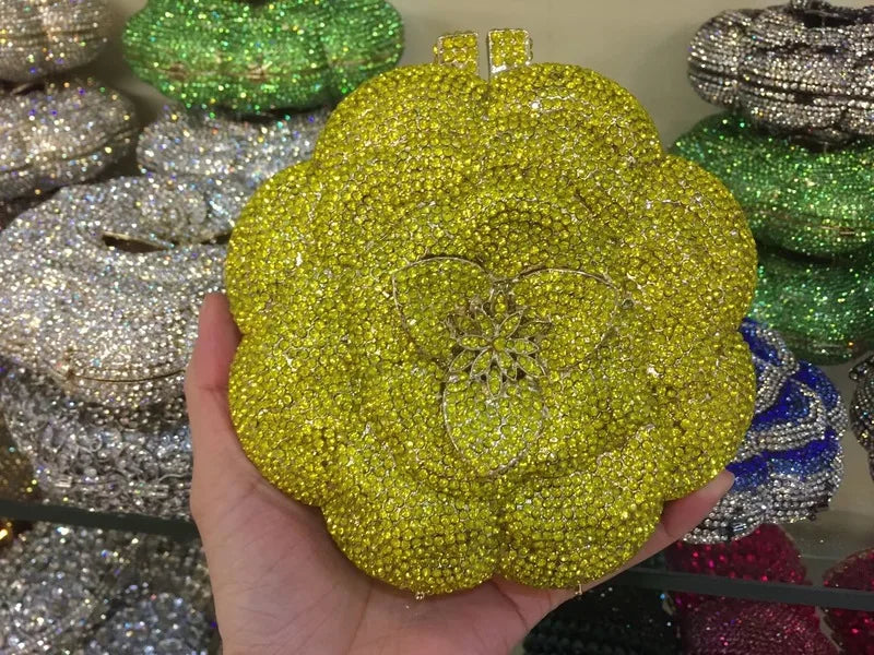 Rosa flor rosa/verde strass noite embreagens feminino floral amarelo cristal sacos de noite nupcial festa de casamento bolsa embreagem - CRAVO ROSE