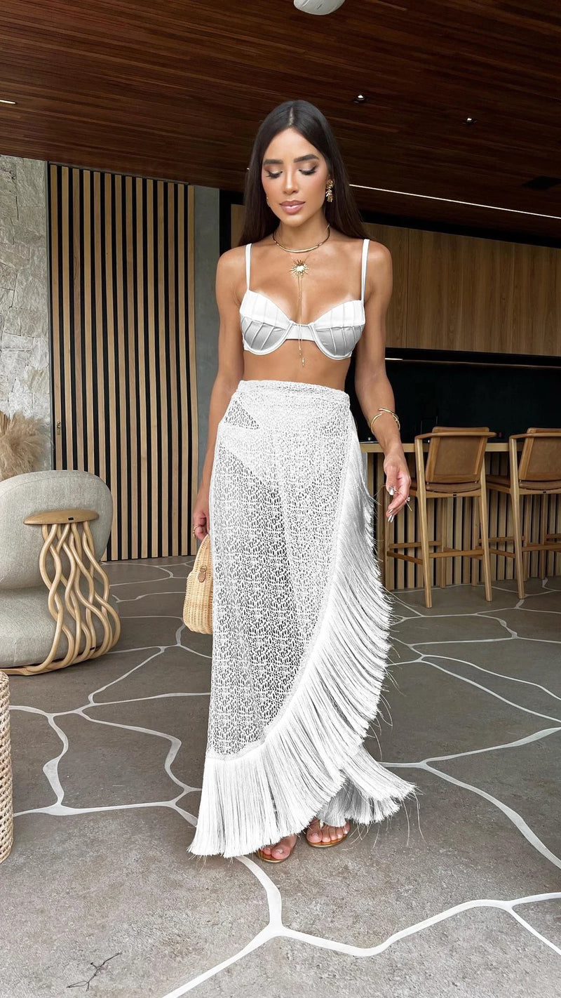 Fashion Sexy Solid Three Piece Bikini Set Padded Bra Tassel High Waist Beach Skirt Swimwear Summer Beach Holiday  Bathing Suit