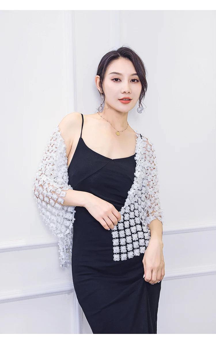 Women Beads Coat 2025 Summer Style Women Perspective Shawl Fashion Hollow Out Lace Boleros Short Sleeve Coats Jackets Femal