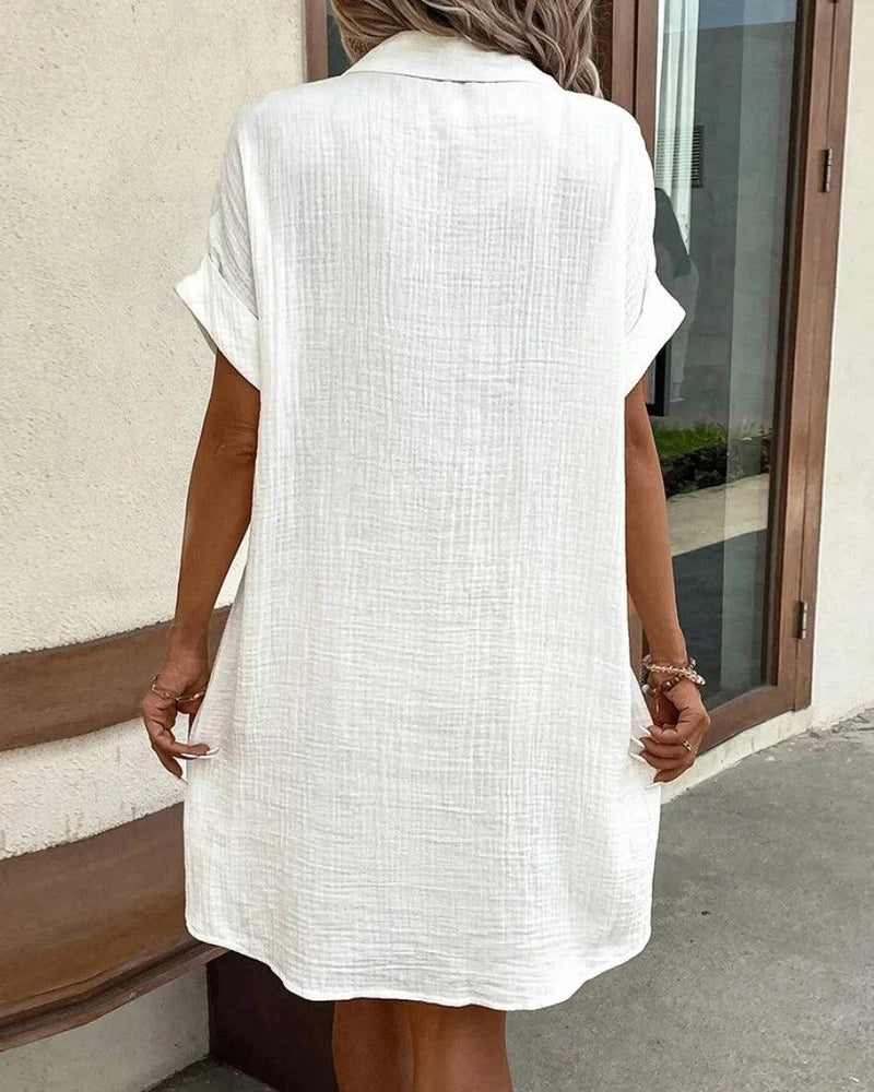 Women's Fashion Summer Minimalist V-neck Button Up Dress Woman Cotton Linen White Short Sleeved Pocket Casual Loose Shirt Dress - CRAVO ROSE