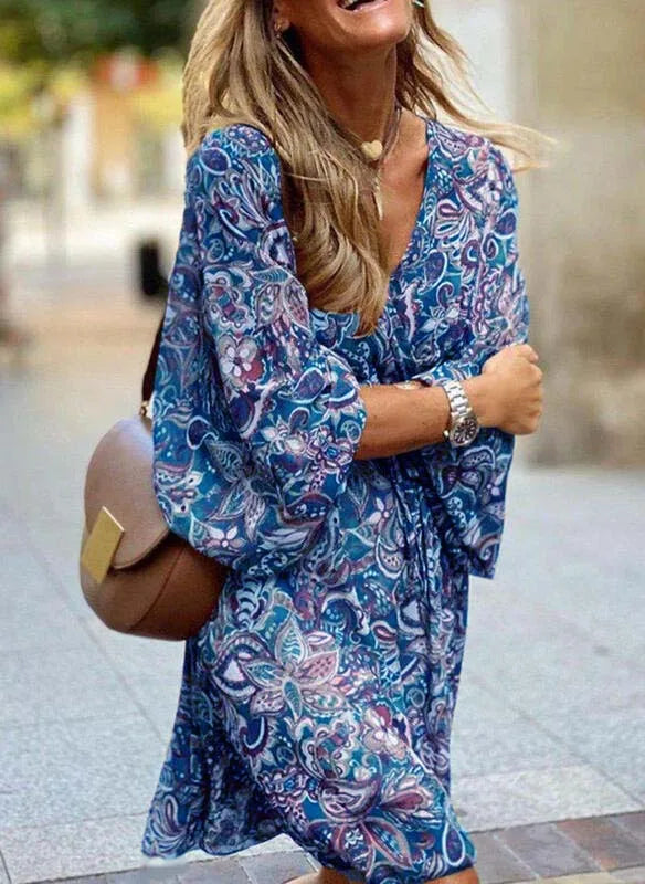 Vestido feminino com estampa floral, vintage, para trabalho, decote em V, elegante, plissado, paisley, manga bufante, babados, vestido casual