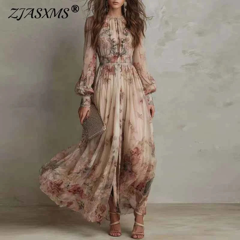 Vintage Floral Print High Waist Pleated Long Dress Woman Elegant O Neck Slim Party Dresses Spring Long Sleeve Boho Holiday Dress