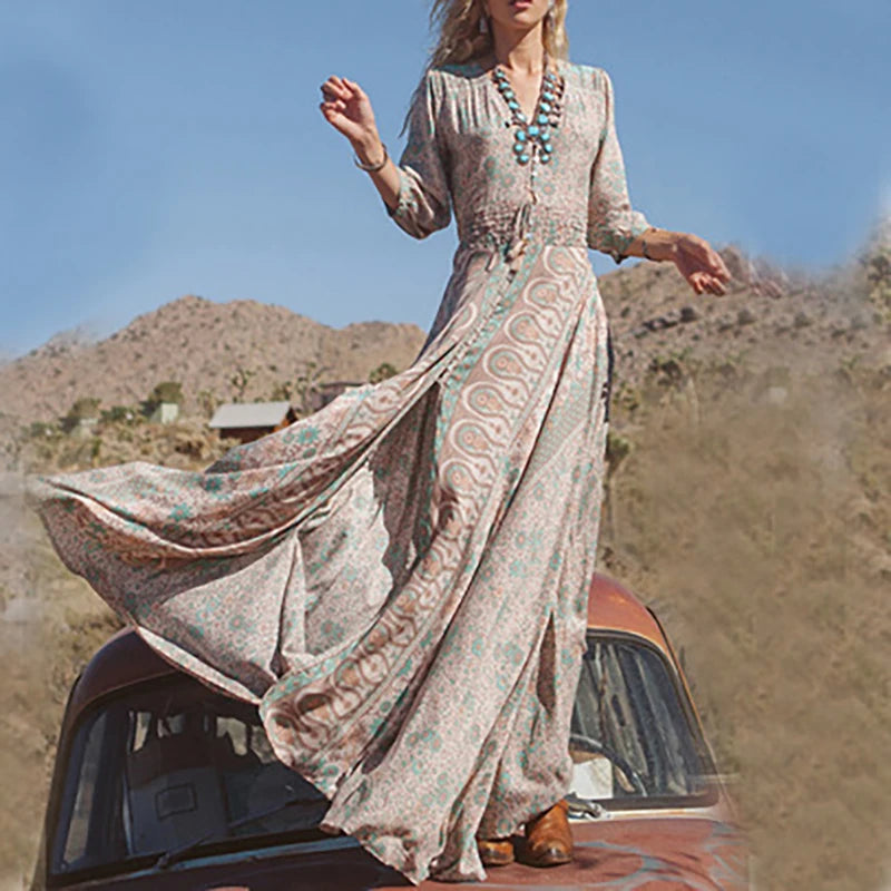 Vintage Pattern Printed Bohemian Long Dress Elegant V Neck Split Loose Dress 2025 New Casual Elastic Waist Lace Up Button Dress