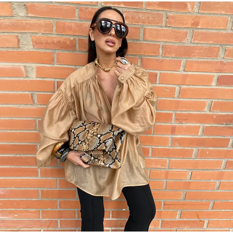 Camisa feminina elegante e solta, com cadarço, gola redonda, manga lanterna, camiseta feminina, primavera/verão 2025, moda urbana, tops femininos emendados