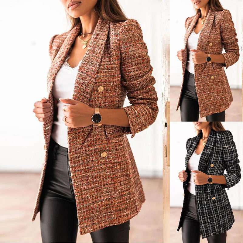 Jaquetas longas femininas, manga comprida, gola de terno casual, bolso estampado, casacos de inverno plus size