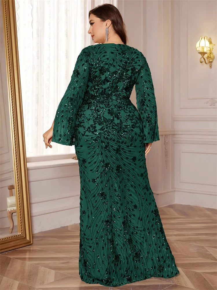 XUIBOL Plus Size Luxury Green Evening Dresses Women 2025 Long Sleeve Mermaid Formal Sequins Prom Wedding Party Cocktail Gowns