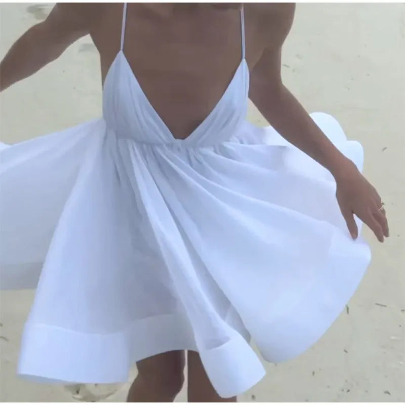 2025 Sexy Backless Lace Up Women's Sling Mini Dress Chic Solid High Waist Loose Pleated Hem Vestido Lady Summer Party Beachwear
