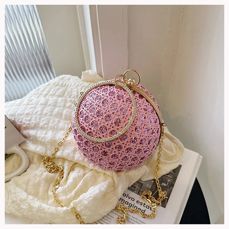 Sparkly Round Evening Purses for Women Shiny Diamonds Handbag Unusual Party Mini Small Bags Fashion Luxury Shoulder Bag Woman