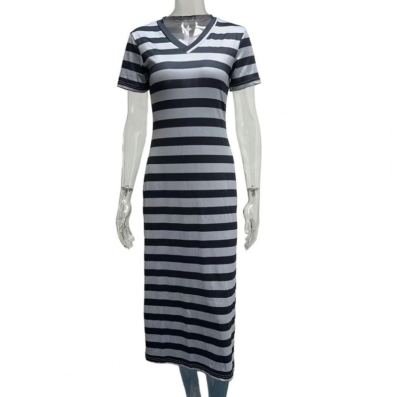 Vestidos Plus Size Vestidos Para Mulheres Casual Listra Estampa Decote Em V Manga Curta Solto Vestido Longo Robe Femme