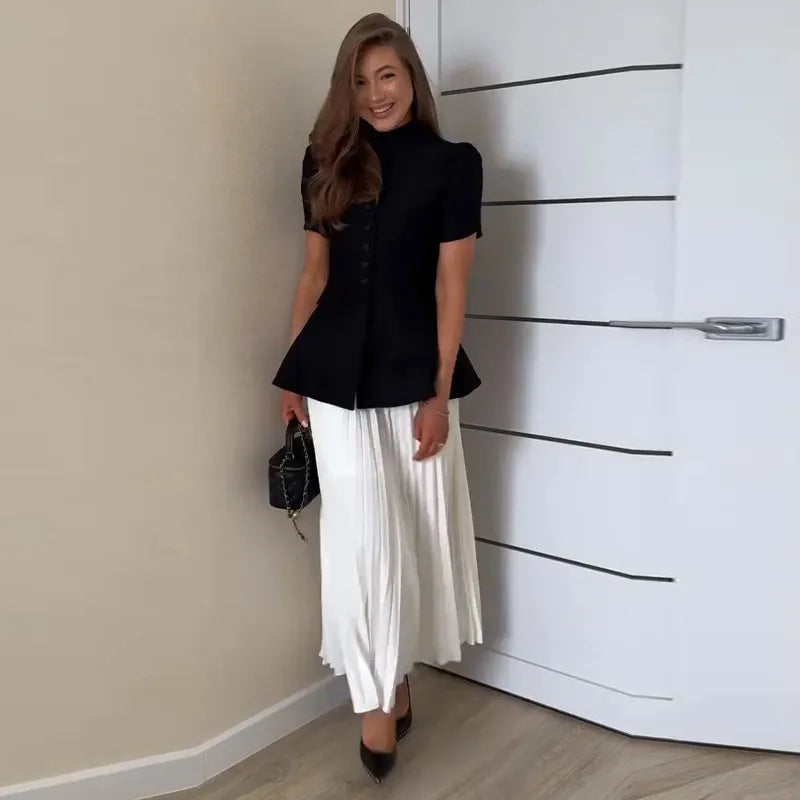 Elegant Short Sleeve Waist Single Breasted Top Pleated Midi Skirts Fashion A Line Skirt Set for Women 2026 Spring Female Outfits