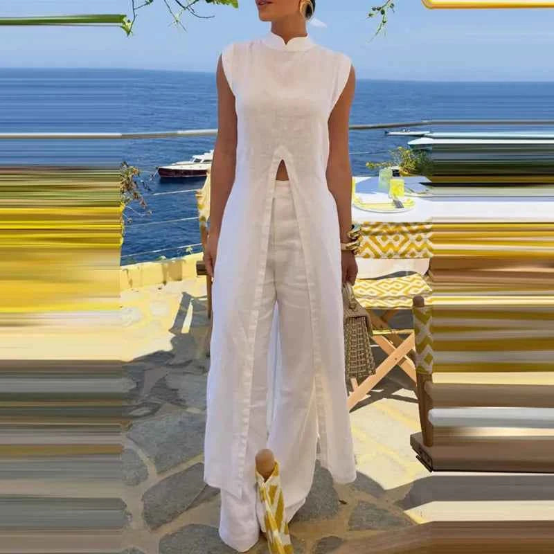 Women Casual Sleeveless Loose 2 Piece Suit Elegant Hight Street Solid Outfit Fashion O-neck Split Long Pullover  & Long Pant Set