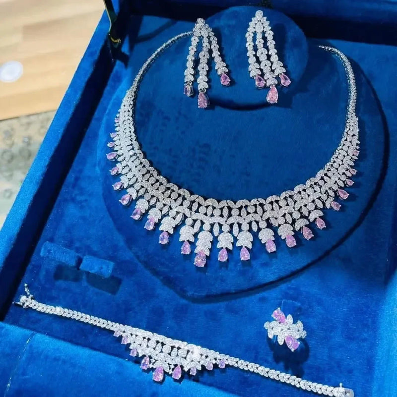 Conjunto de joias de casamento de zircônia cúbica, conjunto de 4 peças para noivas, conjunto de joias femininas, reprodução de marca de joias