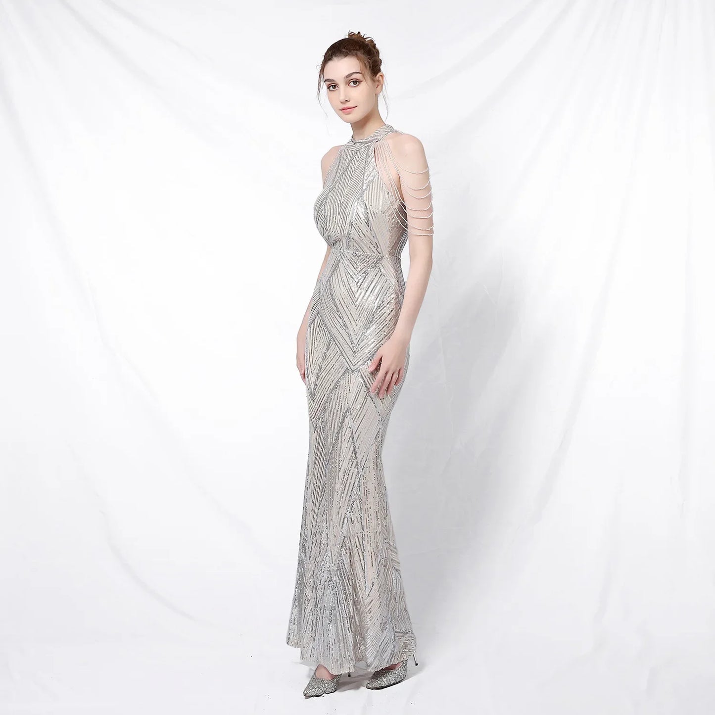 Xmas Sequin Maxi Dress Halter Neck Stripe Mermaid Long Lady Coctail Prom Dress Party Evening Dancing Performance Shimmering Wear