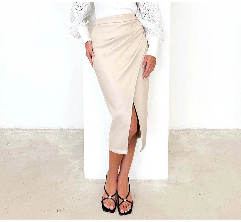 Women Midi Leather Skirt Sexy Split High Waist Zipper PU Front Slit Skirts Ladies Black Faux Leather Folded Skirt For Women